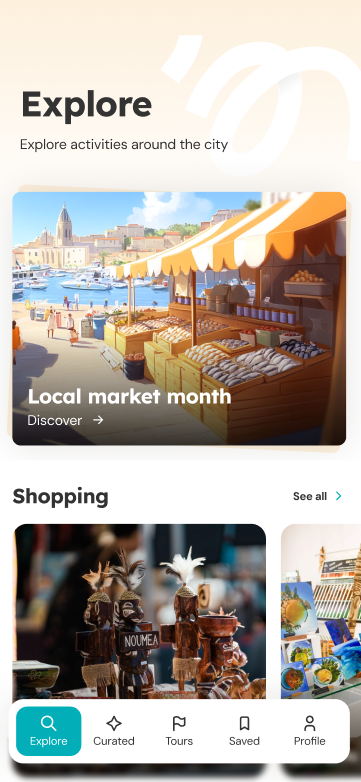 Écran Explore : marchés locaux, shopping et activités